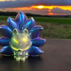 Handcrafted Holographic Blue Resin Kawaii Fox Figurine With Sparkly Nine Tails